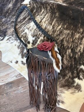 Rowdy Rose - Boho Fringe Crossbody Bag with Rose and Fur Accent
